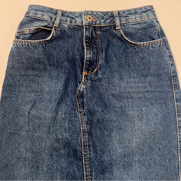 ZARA 70s Blue Cotton Denim Jean Front Vent‎ Midi Skirt Size Small - Picture 9 of 14